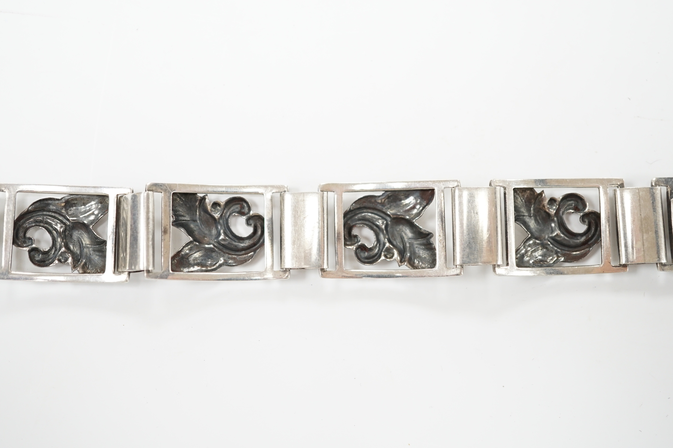 A mid 20th century Danish 830S white metal foliate link bracelet, by Grenol Eneret, overall 18.5cm.